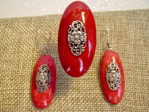 Long Oval Sterling Silver & Red Coral RING & EARRINGS SET 1.75" Ring 2" Earrings