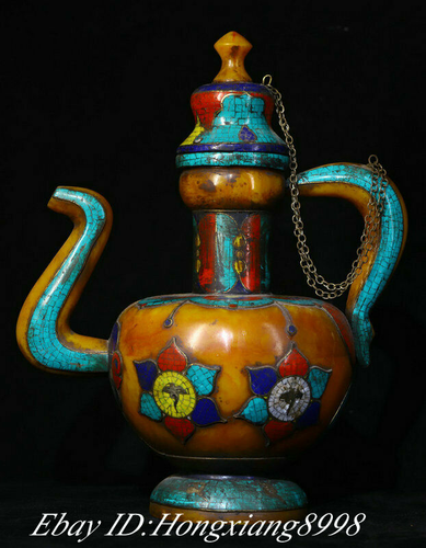 12.9" Tibet Buddhism Beeswax Inlay Turquoise Coral Handle Wine Tea Pot Flagon