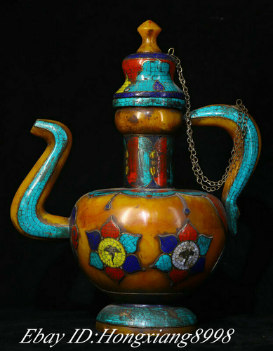 12.9" Tibet Buddhism Beeswax Inlay Turquoise Coral Handle Wine Tea Pot Flagon  - Picture 1 of 9