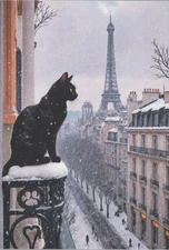 Snowy Paris Black Cat & Eiffel Tower 4x6 Image Card Blank Back France