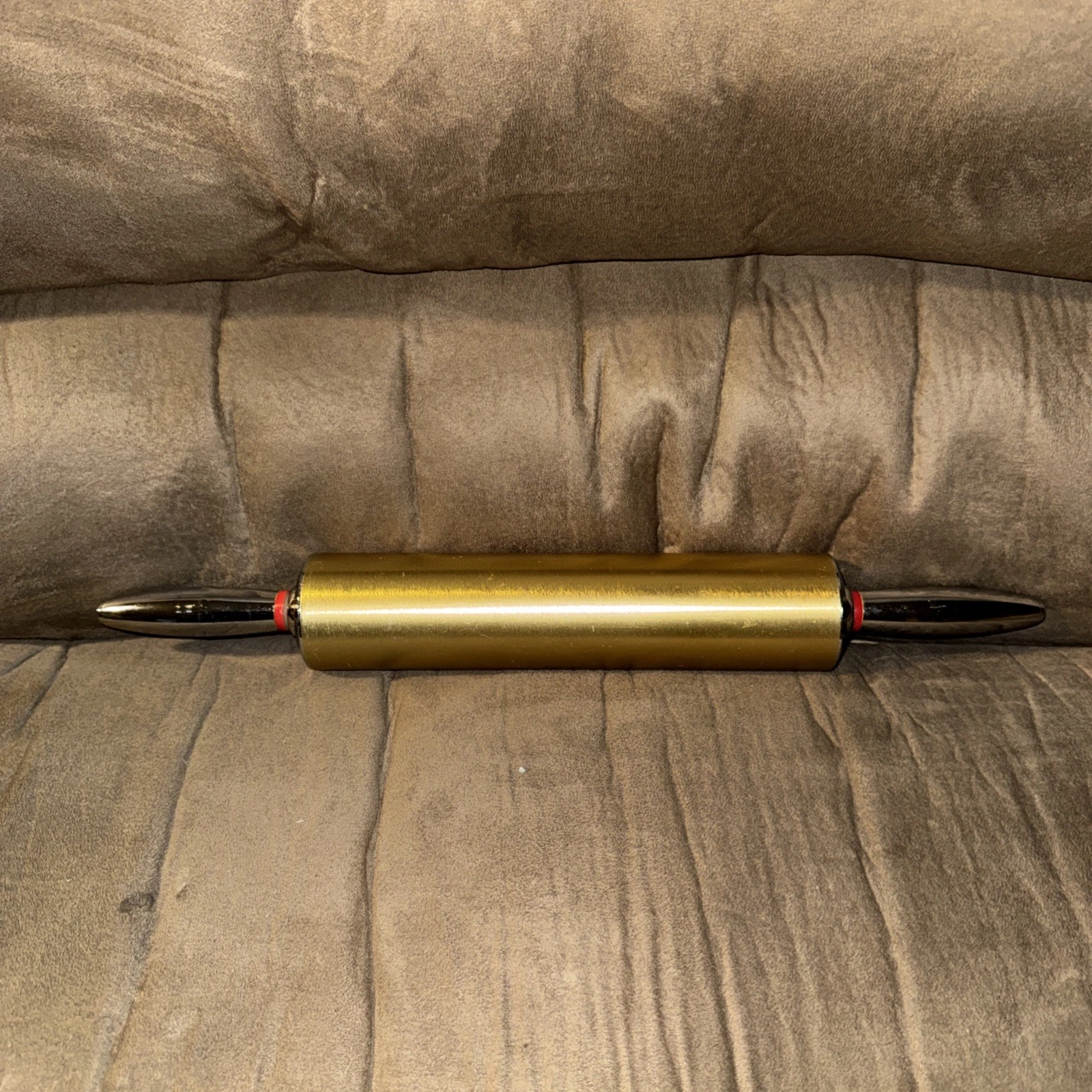VTG ROLLING PIN - Gold Metal Roller / Chrome Handles MCM Midcentury 18”