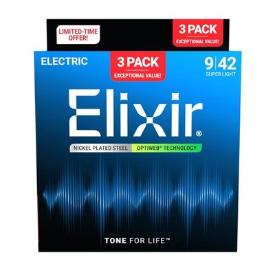 Elixir 3-Pk Nickel-Plate Steel OPTIWEB Electric Guitar Strings, Super Light 9-42