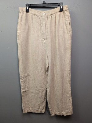 Linden Hill Pants Womens Large Beige 100% Linen Elastic Waist Cropped Wide Leg