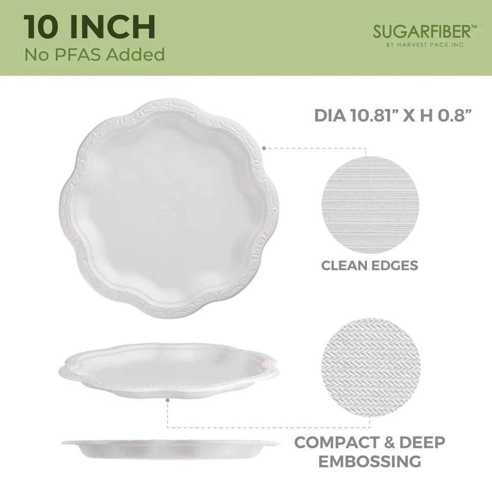 Platos de papel desechables compostables de fibra de azúcar de 10 pulgadas, blanco floral acanto... Foto 2 de 4