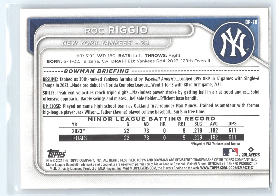 2024 Bowman Prospects Gold Roc Riggio Rookie 17/50 New York Yankees #BP-70 - Image 2 of 2