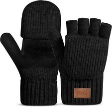 Winter Fingerless Gloves Convertible Mittens with Flip Top Thermal Fleece for...