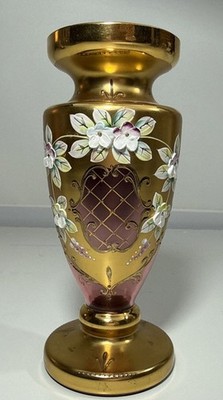 Vtg Bohemian Czech Egermann Cranberry w/ Gold Enameled Floral Glass Vase 7   