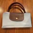 AUTH LONGCHAMPS LE PLIAGE EIFFEL TOWER LIGHT GRAY NYLON LEATHER HANDBG TOTE EUC!