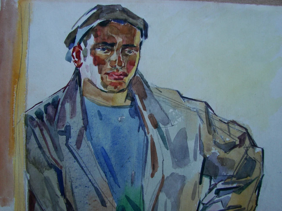 Pintura soviética ucraniana realismo fauvismo cubismo retrato masculino figura trabajador Foto 3 de 4