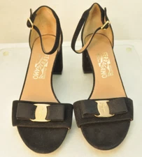 Salvatore Ferragamo Gavina US 8M Black Suede Ankle Strap Block Heel Sandal Italy