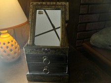Wooden Jewelry Box, Vintage with mirror, drawers and Brass fixtures