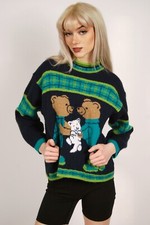 Vintage Teddy Bear Sweater S navy 90s kitten small knit plaid indie cutie cute