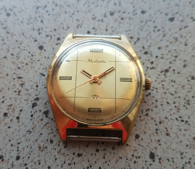 Raro reloj vintage Raketa/cohete dorado Au10 hecho en URSS