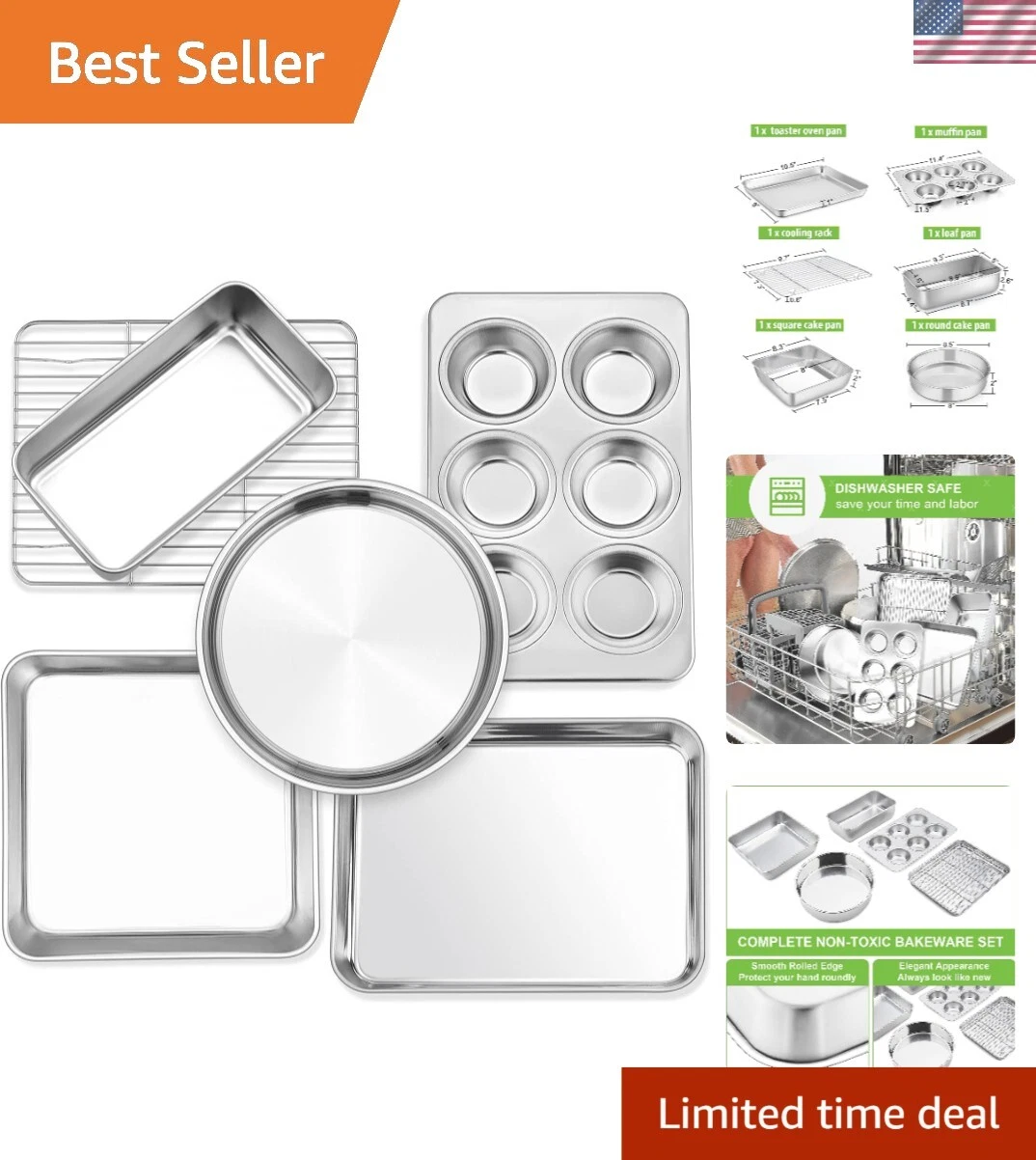 Oven & Dishwasher Safe 6-Piece Baking Set - Space-Saving Stainless Steel