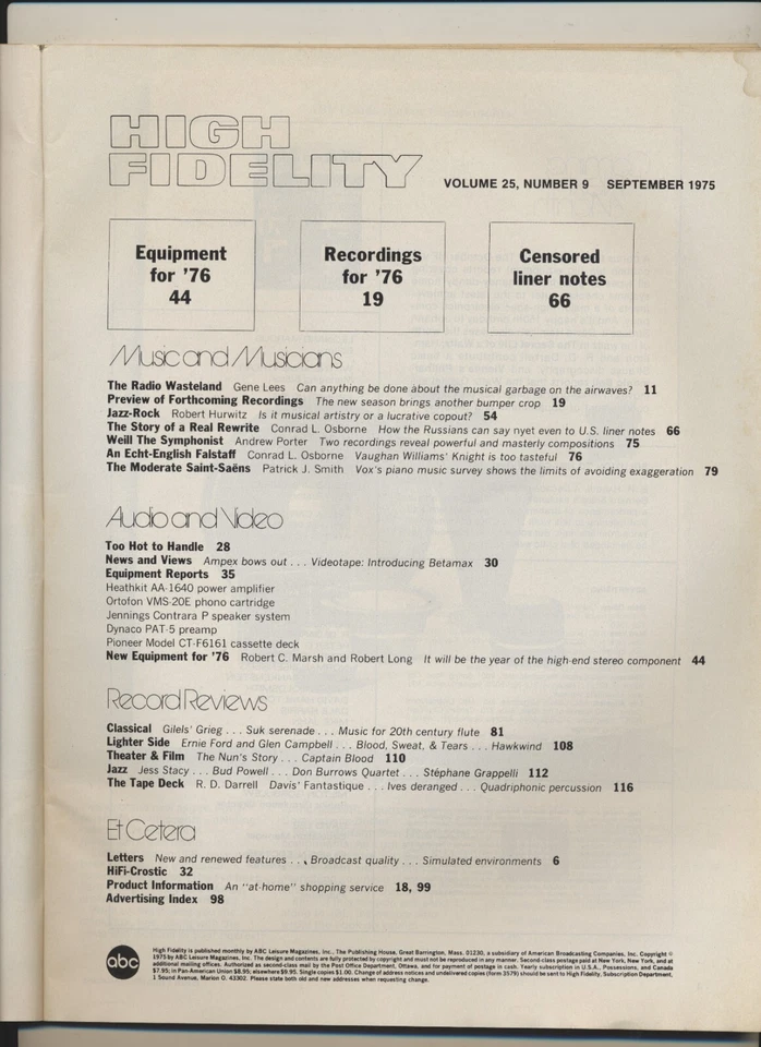 High Fidelity Music Magazine Vol 25 #09 Sep 1975 Jazz Rock Hawkwind VTG - Image 3 of 3