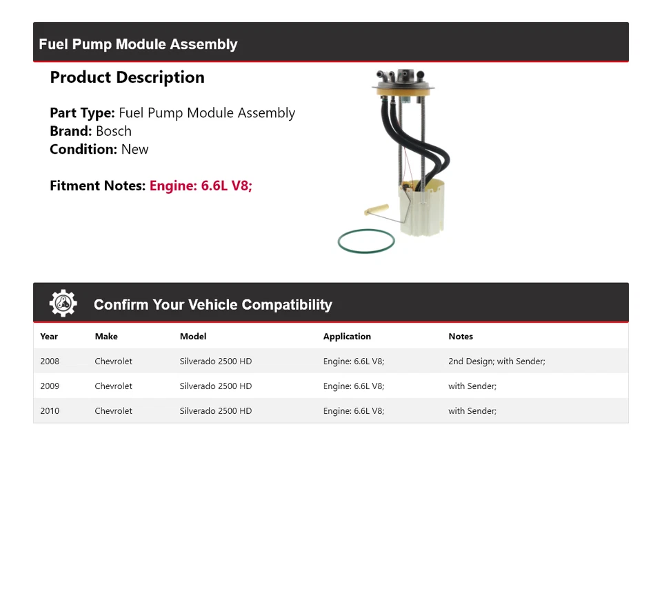 Модуль топливного насоса в сборе для Chevrolet Silverado 2500 HD 6,6 л 2008-2010 годов выпуска Bosch - Изображение 2 из 4