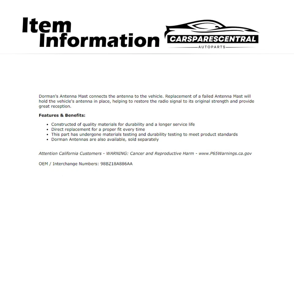Mástil de antena Dorman para Ford Focus 2,0 L 2000-2007 Ford Focus 2,3 L 2003-2007 Foto 3 de 4