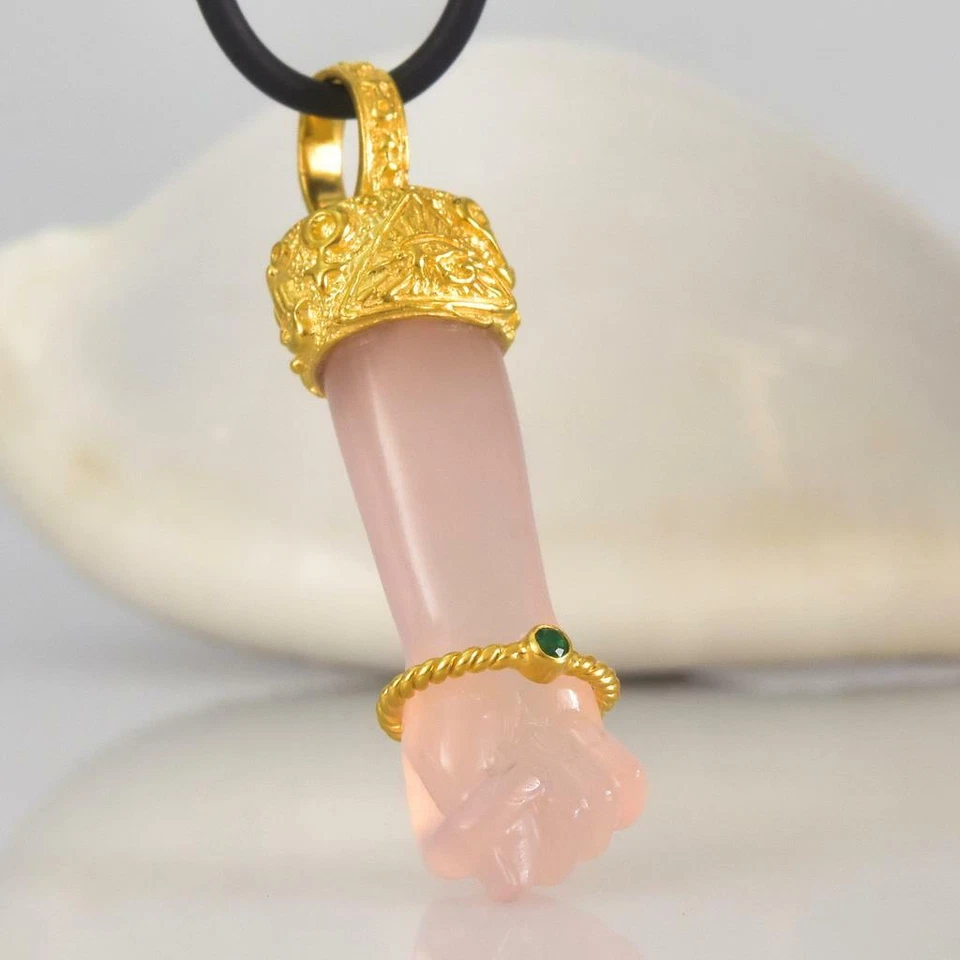 Gold Vermeil Sterling Mano Fico Figa Anhänger Geschnitzt Chalzedon Smaragd 10.64 - Bild 3 von 4