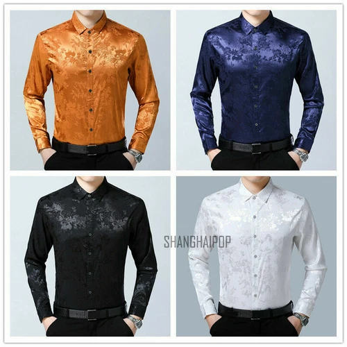 Men Silk Satin Flower Dress Shirt Fit Business Formal Long Sleeve Loose Top New - Picture 3 of 17