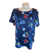 Banana Republic Navy Blue Floral Silky Feel Shirt Sleeve Blouse Womens Size S