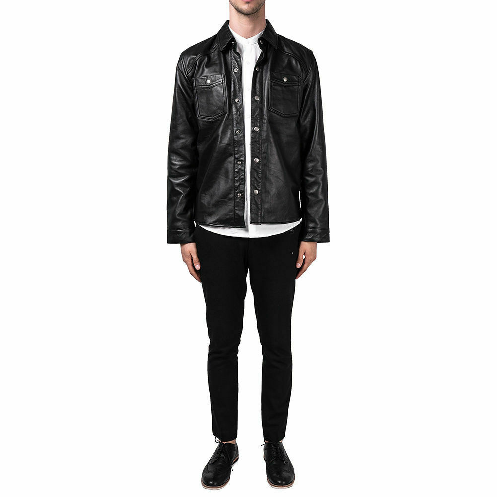 NEW Mens Leather Shirt Genuine Lambskin Slim Fit Stylish Biker Black
