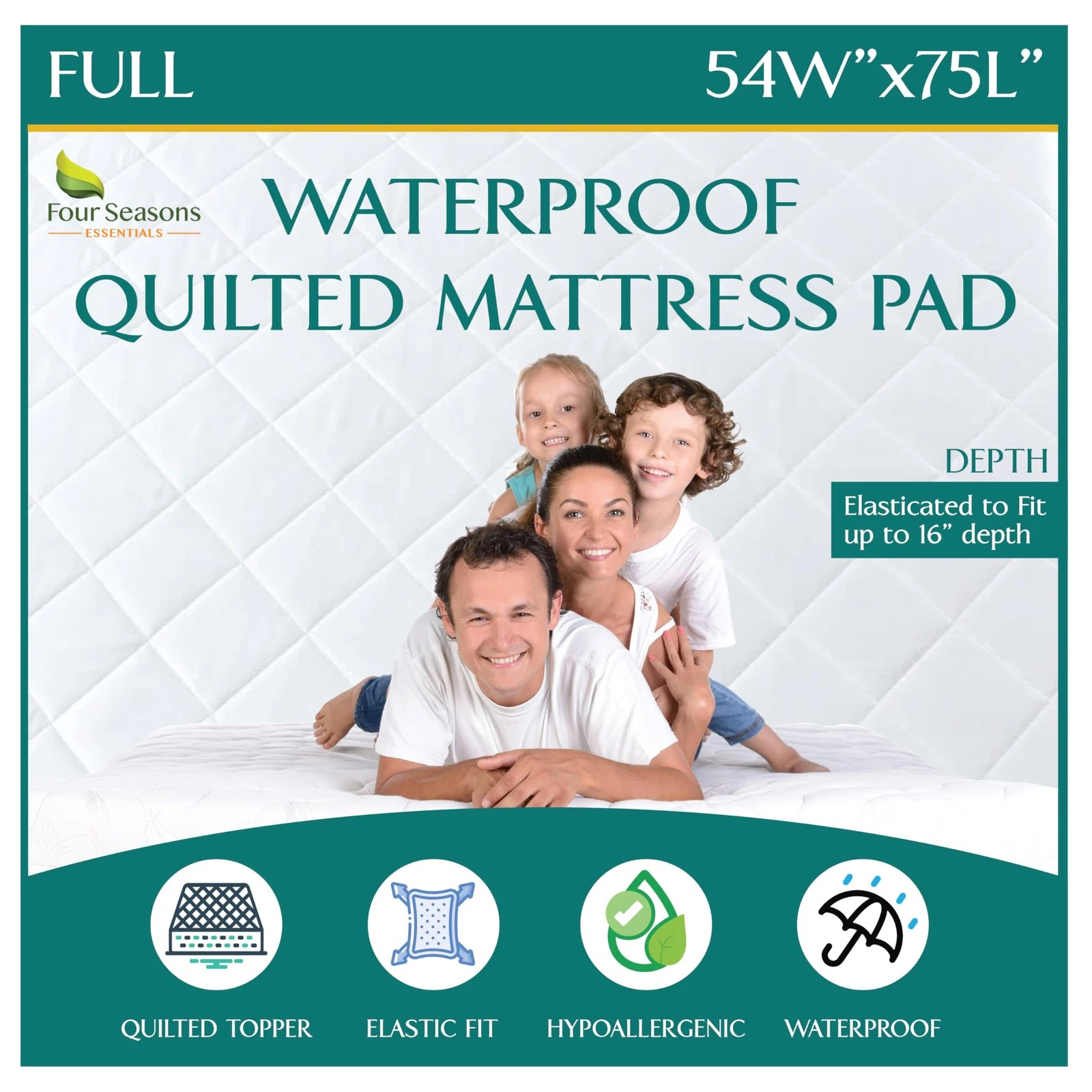 Quilted Mattress Pad Full Size - Fitted Waterproof Protector Fits Up to 16"