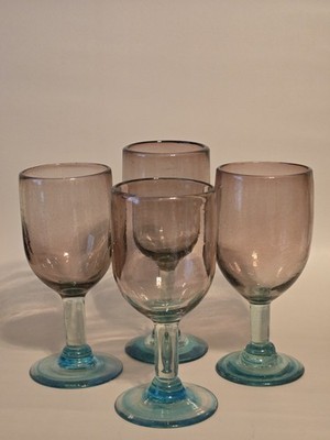 Lot Of 4 Handblown Glass Water Goblets Purple Gradient To Teal