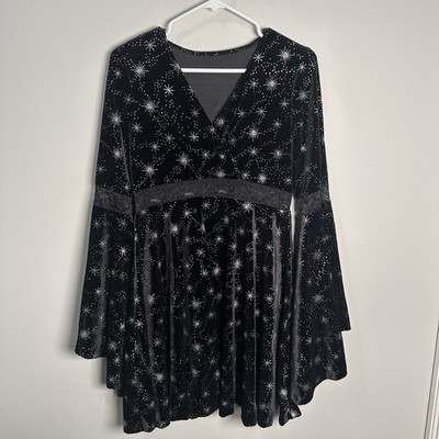 Romwe Hippie Moon And Stars Velvet Black Sparkle Dress Large Whimsigoth Witchy