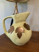 Art Pottery Pitcher Jug Vase With Brass Leaf Leaves  Signed By Artist Cornell 9”