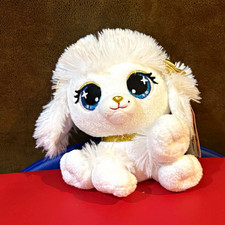 Plushies Pets White Dog Stuffed Animal Plush Gold Bow Washable Small T45979