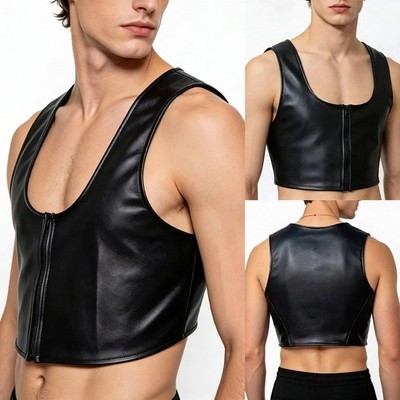 Mens Black Faux Leather Zip Up Crop Tank Top M