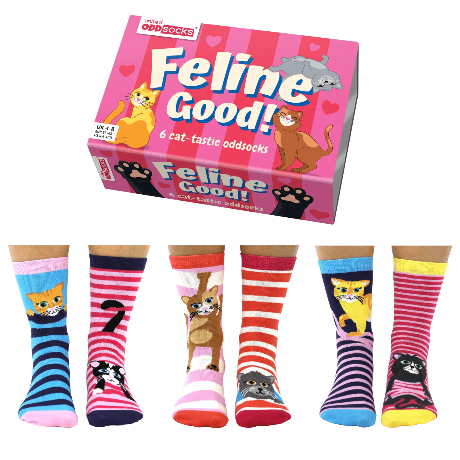 Sock Academy - FELINE GOOD! 6 Odd Socks Gift Box - United Oddsocks - UK 4-8 EUR