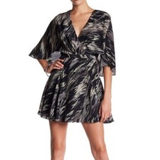 Halston Heritage 100% Silk Mini Cape Dress Gray Watercolor 6 V Neck