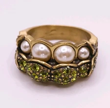 HEIDI DAUS Green Swarovski Pea Pod Rhinestone Sz 8.5 Bronze Statement Ring 