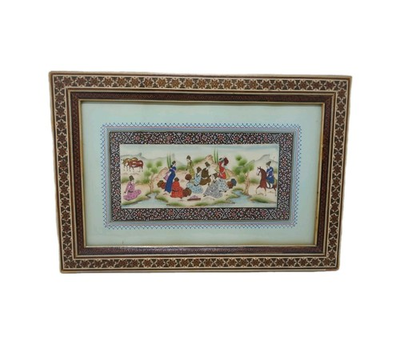 #ad VTG Persian Painting Camel Bone Khatam Inlaid Wood Marquetry Frame Getting Water $38.36