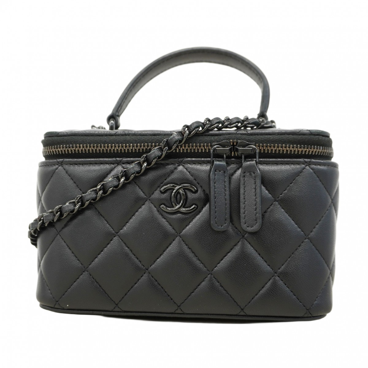 Auth [6ba0998] CHANEL Vanity bag Matrasse ChainShoulder Lambskin Black 2 way...