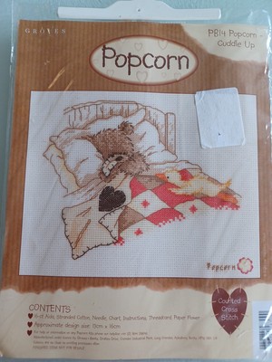 NEU, NIEDLICHER BÄR, KREUZSTICH-SET. 'POPCORN - KUSCHELN'.
