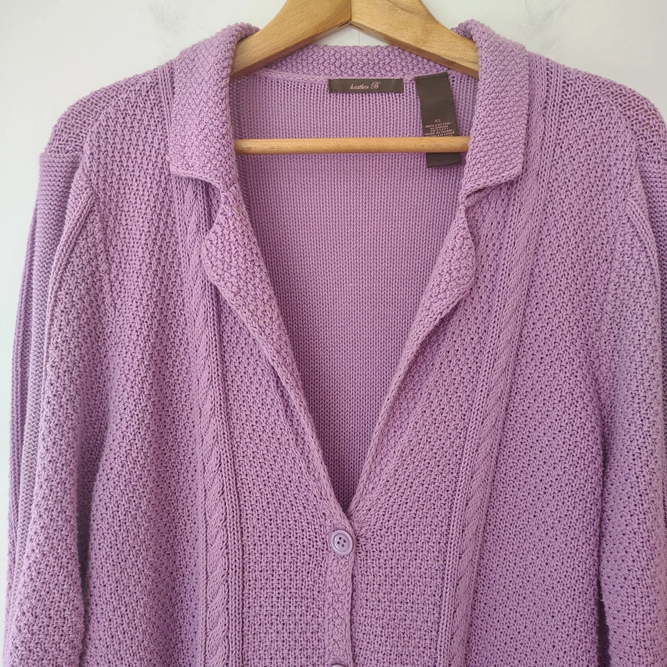 Heather B Cardigan Sweater Womens Sz XL 100% Cotton Button Up Cable Knit Preppy - Image 2 of 4