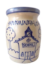 VTG Beaumont Brothers Pottery BBP Salt Glaze Crock Blue School House Savannah OH