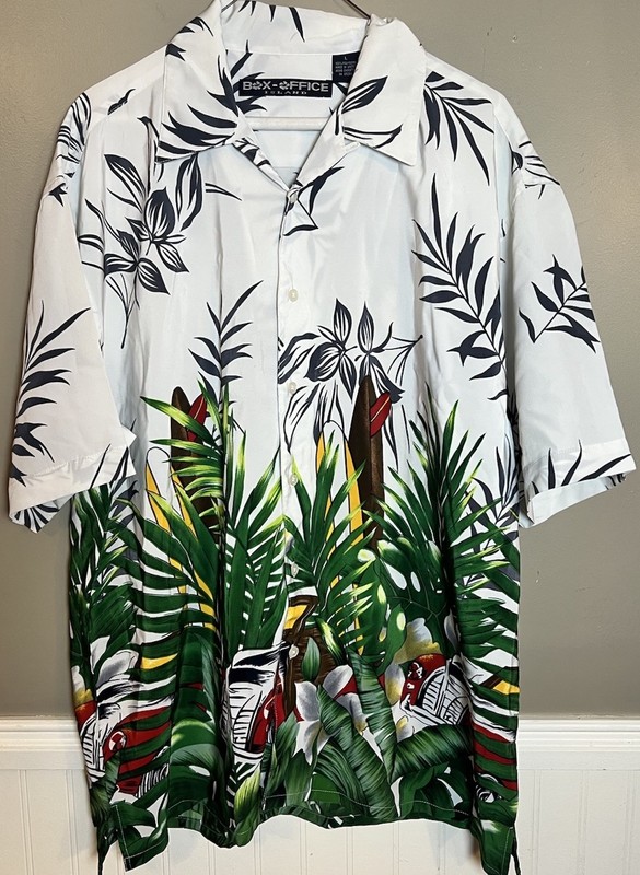 Box Office Island Shirt Mens L White Green Palm Hawaiian Car Print Short Sleeve