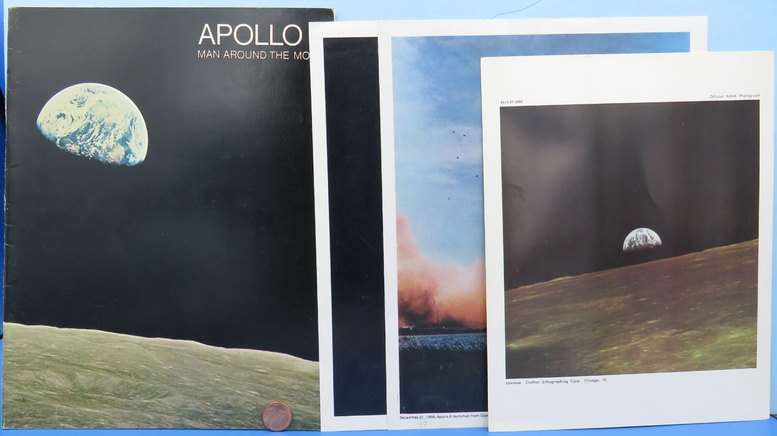 NASA APOLLO 8 Lot vtg Color litho Photo Trio / 24 Page PUBLICATION Photos
