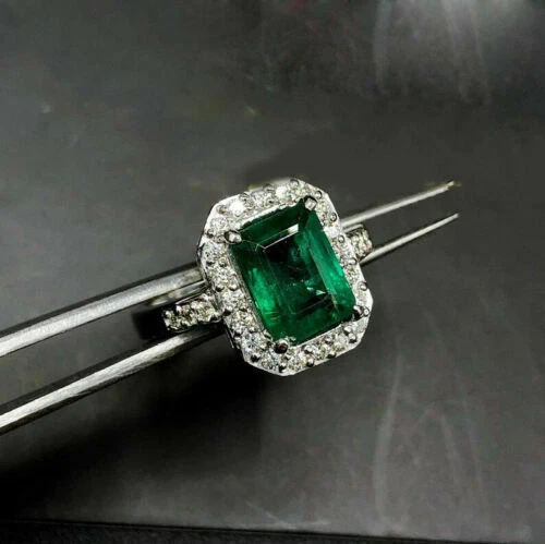 3.30 Karat Natürliches Grün Smaragd Und Diamanten Edelstein 14K Echt Weißgold - Bild 2 von 3