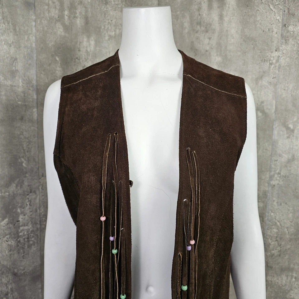 Vintage 70s Pioneer Wear Suede Fringe Vest Beaded Western Hippie Boho Festival - Image 2 of 4