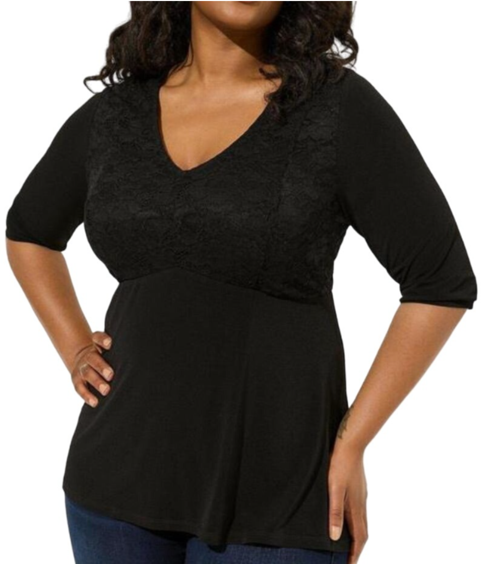 Torrid Women Top Size 18 Black V Neck Lace Pullover Peplum Witchy Plus Neutral