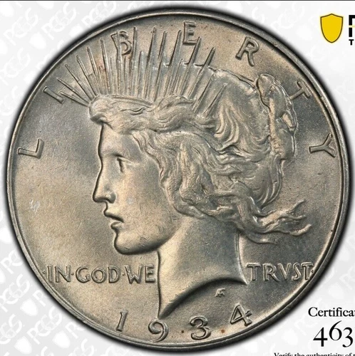 1934 (P) Peace 1$ Silver Dollar PCGS MS61 Mint State Uncirculated Gold Shield