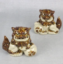 Shisa Guardian Foo Dog Lion Figure set Ceramic Okinawan Folk Craft Shishi VTG 5"