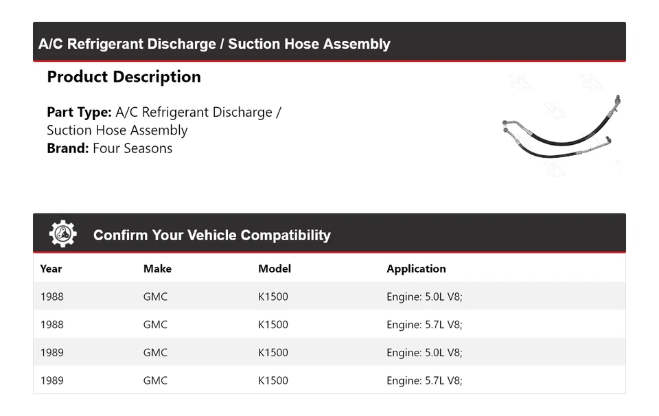 Conjunto de manguera de succión/descarga de refrigerante de CA para GMC K1500 1988-1989 4 estaciones Foto 2 de 4