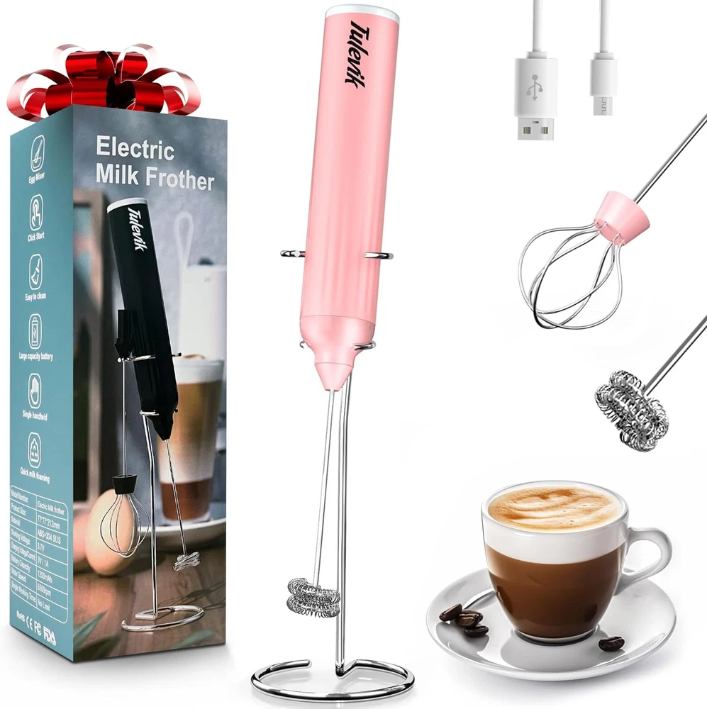 Milk Frother Handheld with Stand Rechargeable 3 Speeds Electric Frother Wand