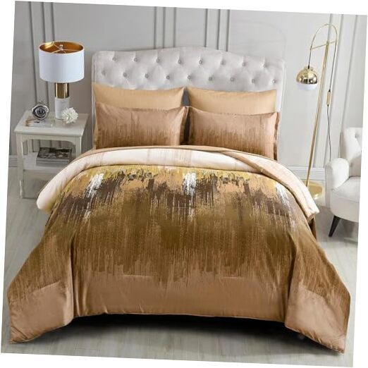 Comforter Set,7 Pieces Bed in a Bag Abstract Art Gradient Queen Brown-image