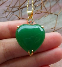 Yellow Gold Plate Green JADE Pendant Love Heart Diamond Imitation 274097 US
